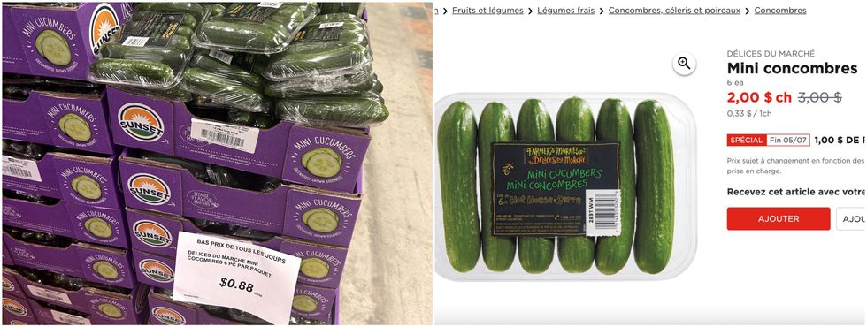 Mini concombres du Liquidation Marie. Droite : Mini concombres sur le site du Maxi.