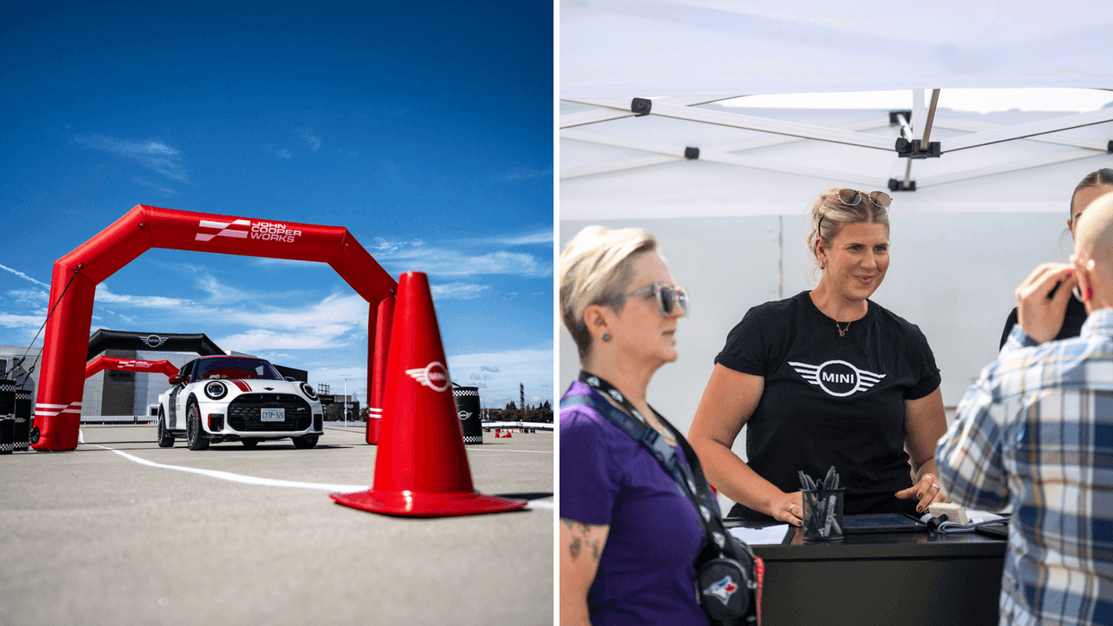 MINI Cooper on a John Cooper Works test-drive course. Right: Guests checking in for the MINI driving experience.