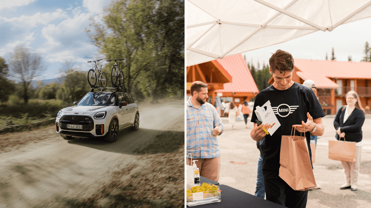 MINI Countryman on the trail. Right: A MINI fan collects merch at a promotional event.