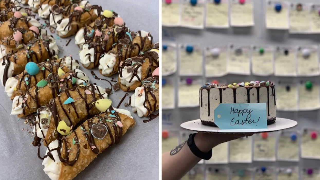 Mini Egg cannolis. Right: Mini Eggs ice cream cake for Easter.