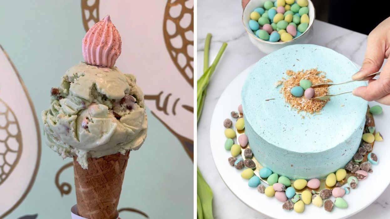 Mini Egg ice cream cone from La Glace Ice Cream Shop in Vancouver. Right: Mini Egg cake.