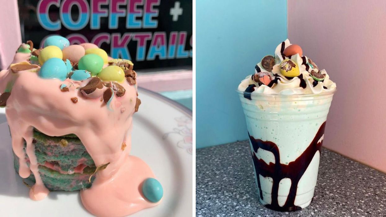 Mini Egg Pancakes at Electric Diner in Hamilton, Ontario. Right: Mini Egg Milkshake at Electric Diner in Hamilton, Ontario.