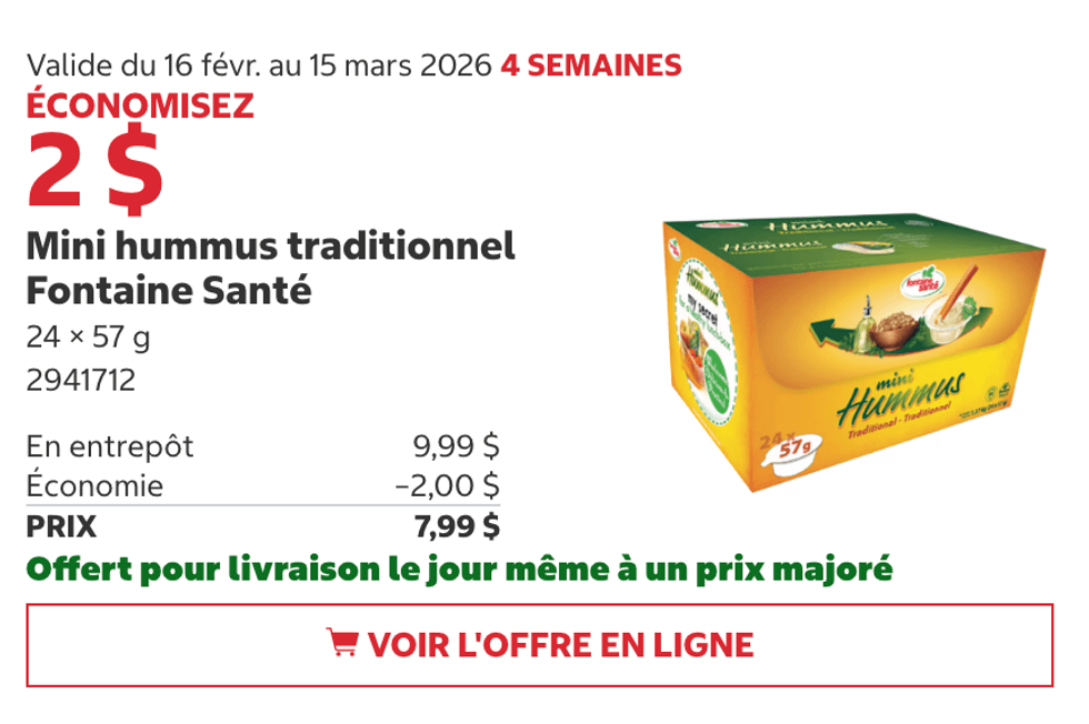 Mini hummus traditionnel Fontaine Sant\u00e9 24 x 57 g sur le site de Costco