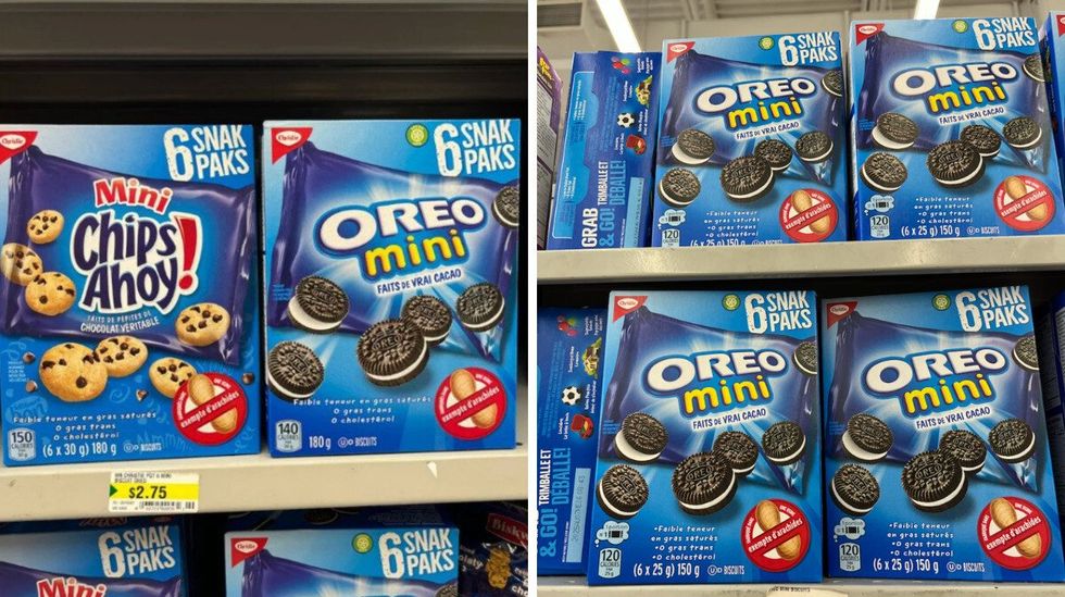 Mini Oreo : 6 \u00ab snack paks \u00bb \u00e0 2,75 $ pour 180 g. Droite : Mini Oreo : 6 \u00ab snack paks \u00bb \u00e0 2,75 $ pour 150 g.