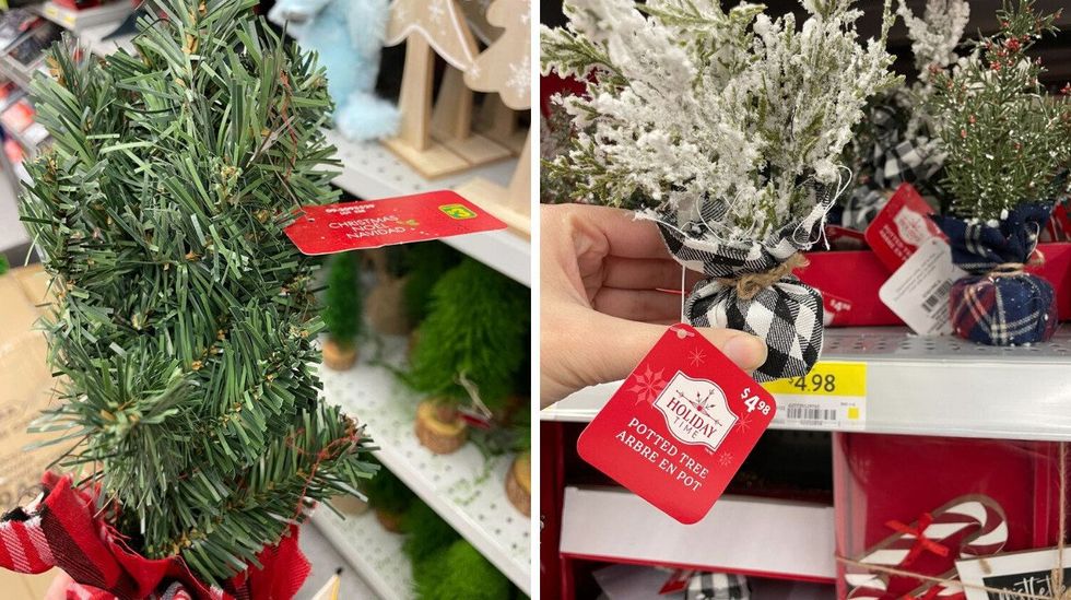 mini tree with a plaid wrapping at dollarama. right: mini trees with plaid wrapping at walmart.