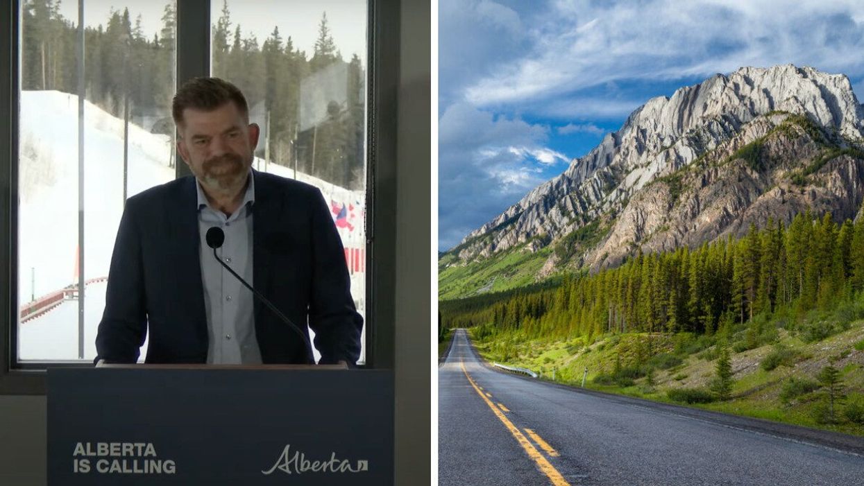 Minister Brian Jean announcing the campaign. Right: The Alberta Government wants more people to move.