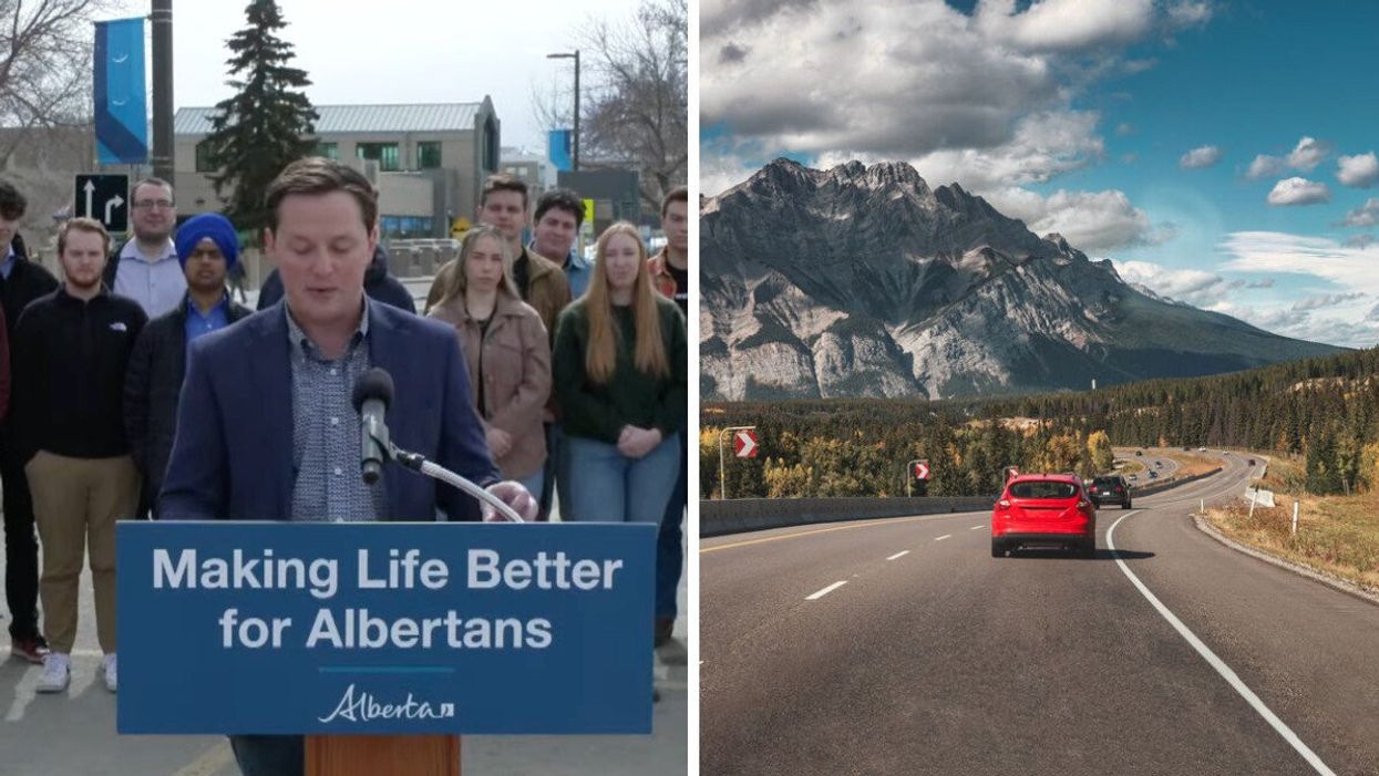Minister Devin Dreeshen talking about changes to the GDL program. Right: Driving in Alberta