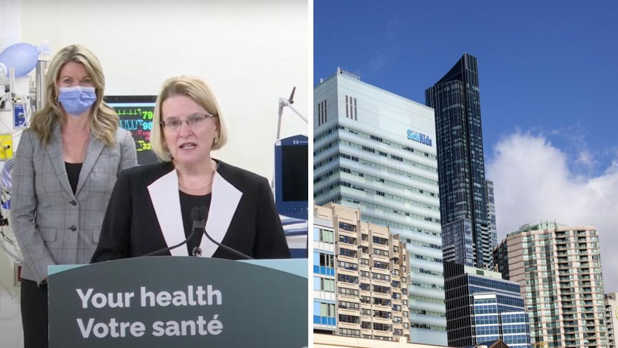 Minister Jones at a conference on Thursday. Right: Hospital buildings in Toronto.