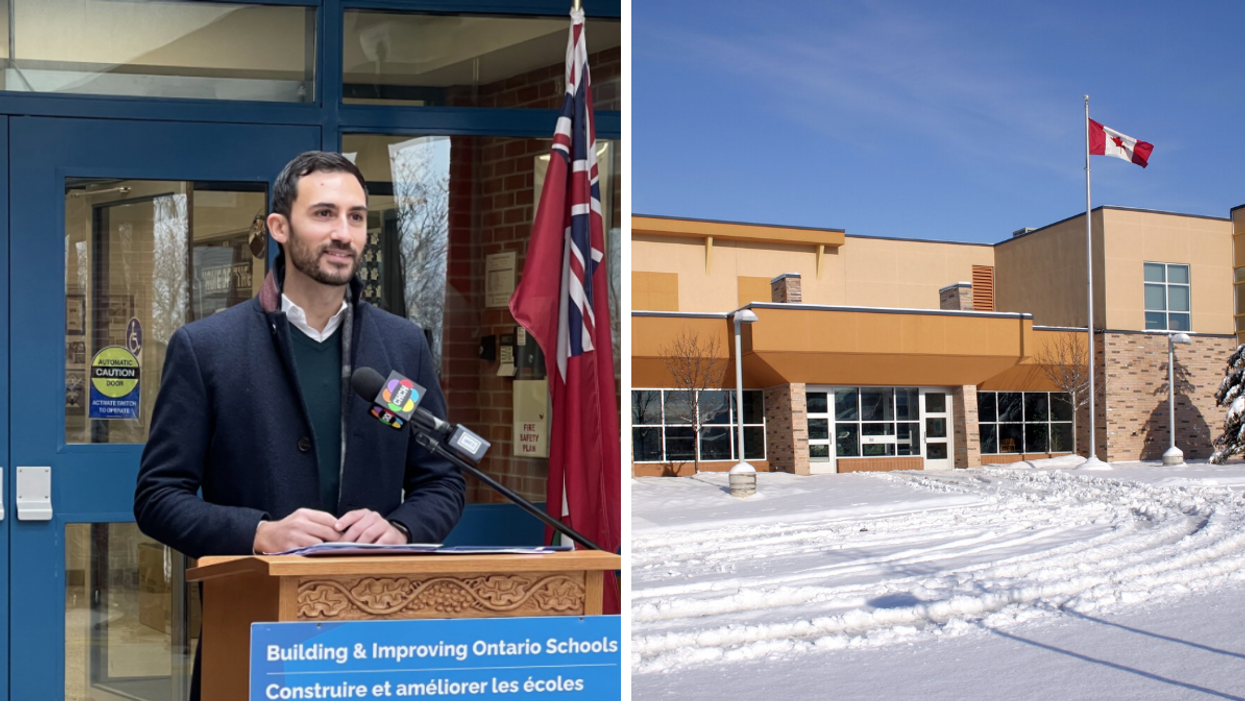 Minister of Education Stephen Lecce. Right: An exterior shot of an elementary school.