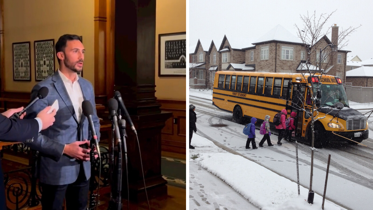 Minister of Education Stephen Lecce. Right: Kids getting on a school bus.