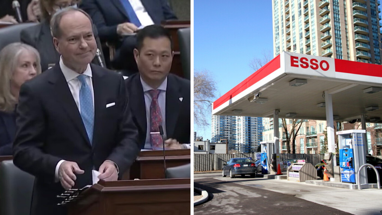 Minister of Finance Peter Bethlenfalvy. Right; An Esso Gas station.
