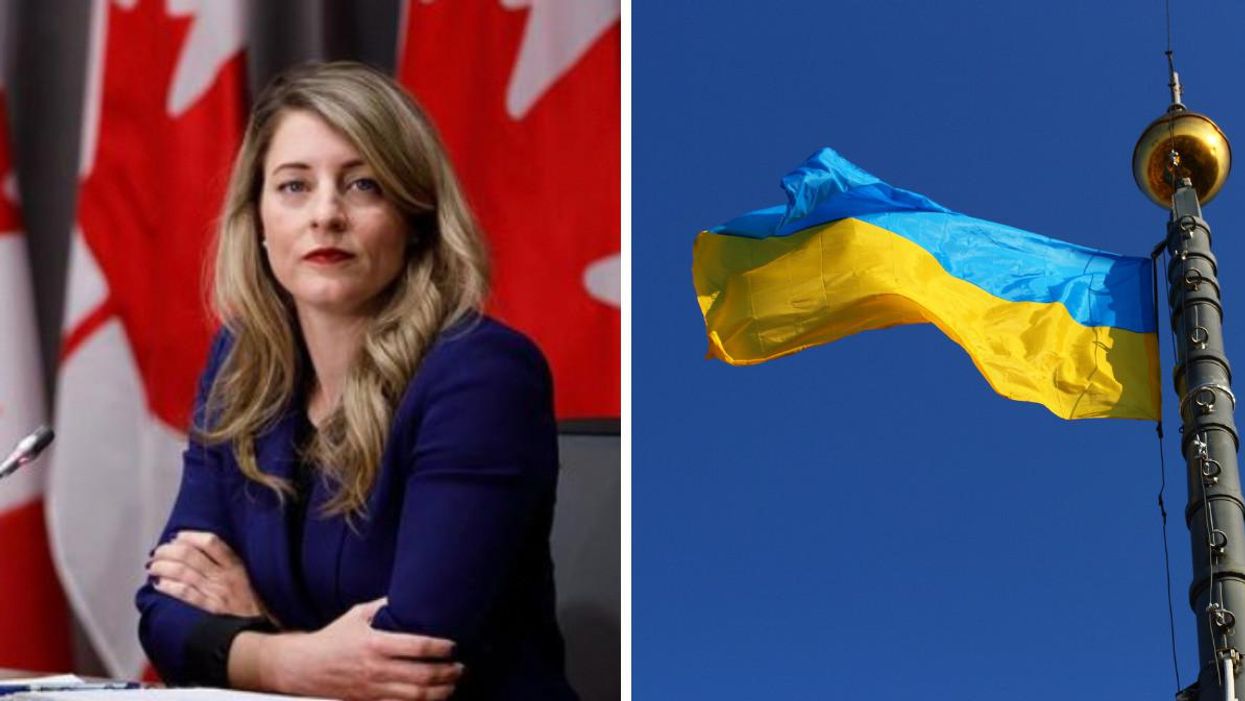 Minister of Foreign Affairs Mélanie Joly. Right: Ukrainian flag.