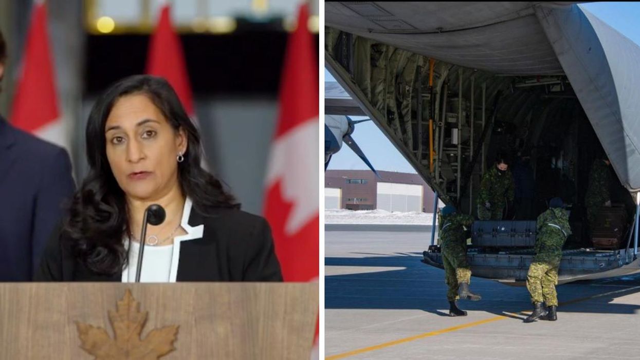 Minister of National Defence, Anita Anand. Right: Canadian Forces personnel loading aid into a plane.