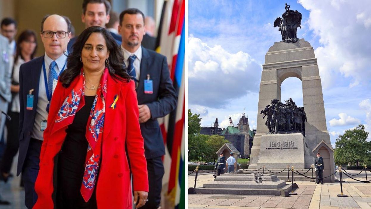 Minister of National Defence Anita Anand. Right: The Tomb of the Unknown Soldier.
