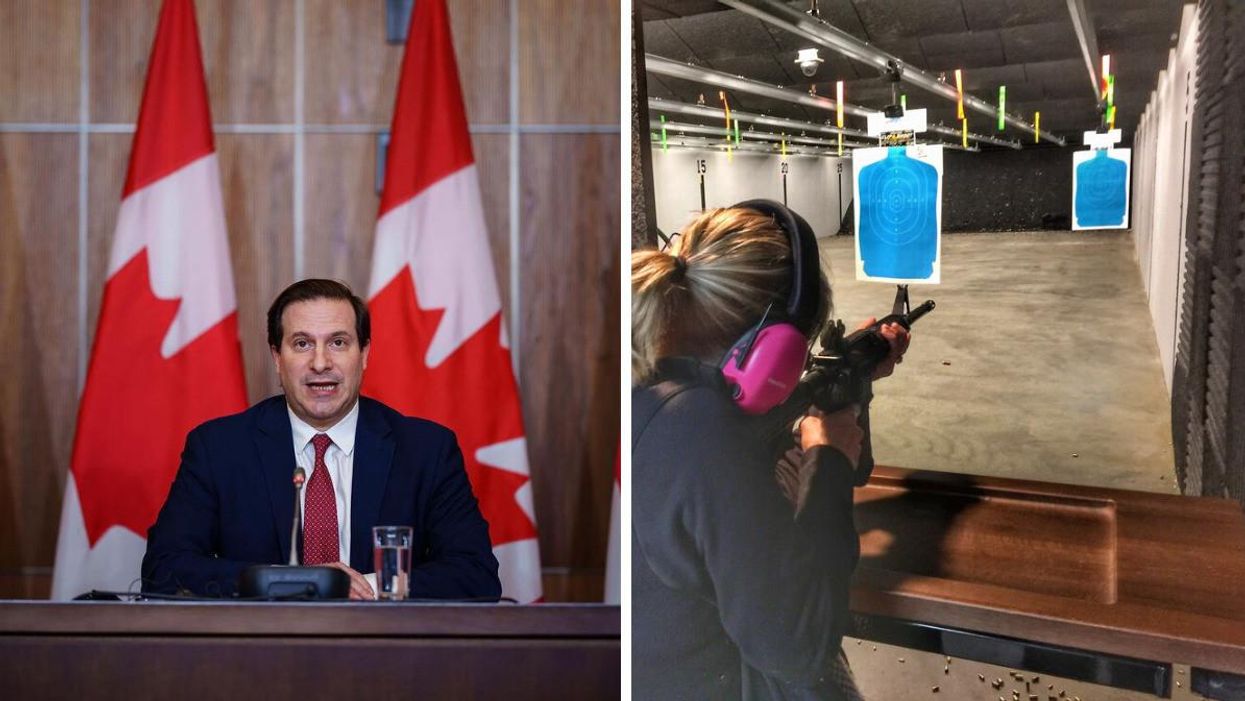 Minister of Public Safety Marco Mendicino. Right: A woman shooting an AR-15.