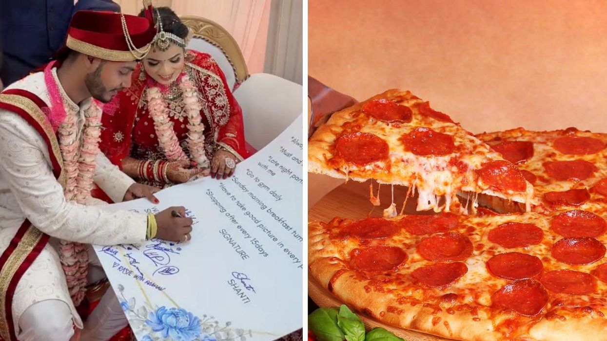 Mintu Rai and Shanti Prasad at their wedding. Right: A pepperoni pizza.