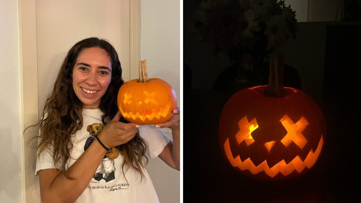 Mira and her carved pumpkin. Right: Jack-o-lantern it up at night.