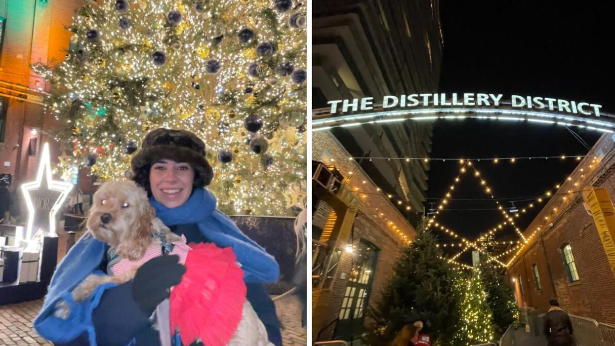 Mira and her dog at the Christmas market. Right: The Distillery District sign.