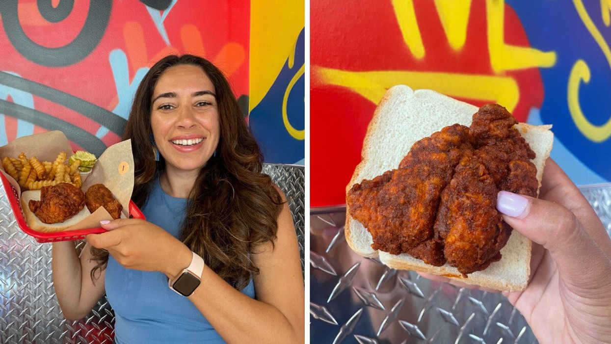 Mira at Dave's Hot Chicken. Right: Chicken tenders from Dave's Hot Chicken in Toronto.