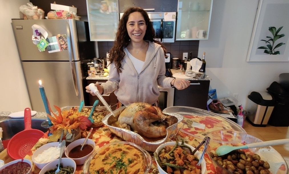 Mira cooking her Thanksgiving turkey.