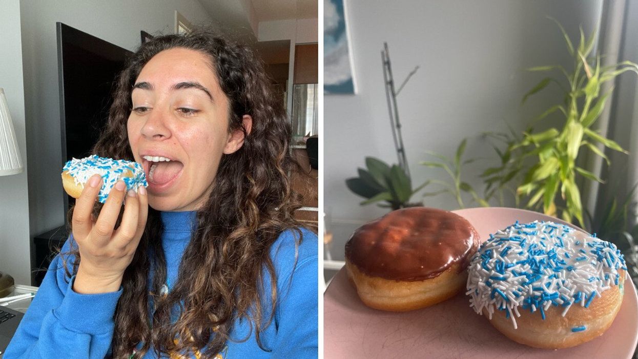 Mira eating a Tim Hortons donut. Right: Boston Cream and Leafs Nation donuts.