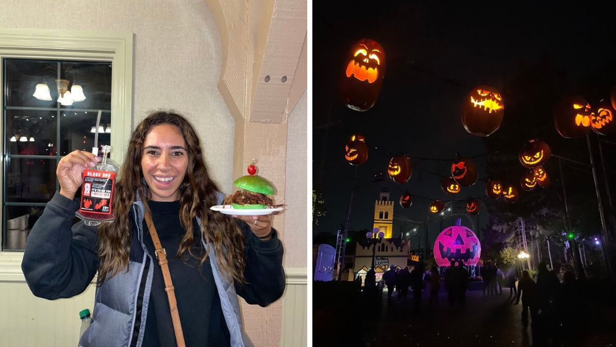 Mira holding a blood bag and sandwich from Canada's Wonderland. Right: Halloween Haunt at Canada's Wonderland.