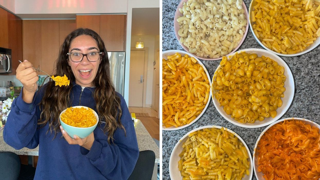 Mira holding a bowl of mac & cheese. Right: All the macaroni and cheese she tried.