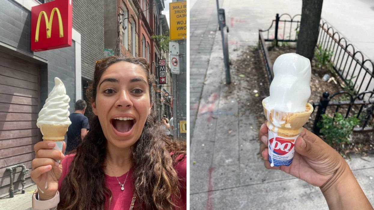 Mira holding an ice cream from McDonald's. Right: Dairy Queen ice cream melting.