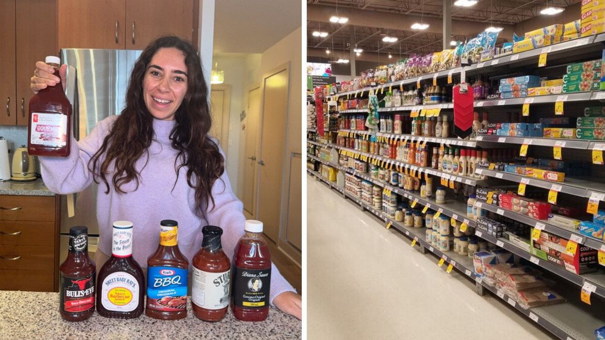Mira holding BBQ sauces from Ontario grocery stores. Right: Grocery store aisle.