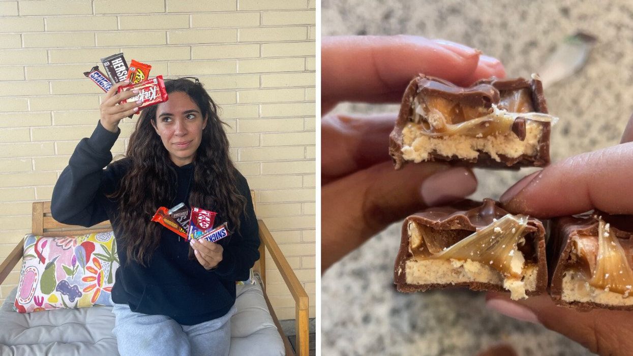 Mira holding Canadian and American chocolate bars. Right: Snickers from Canada and America.