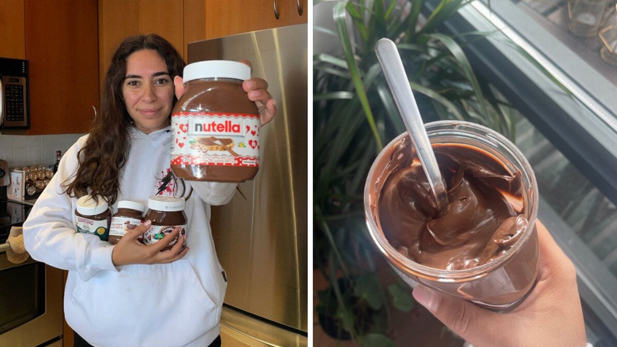 Mira holding hazelnut spreads. Right: A spoon in Nutella.