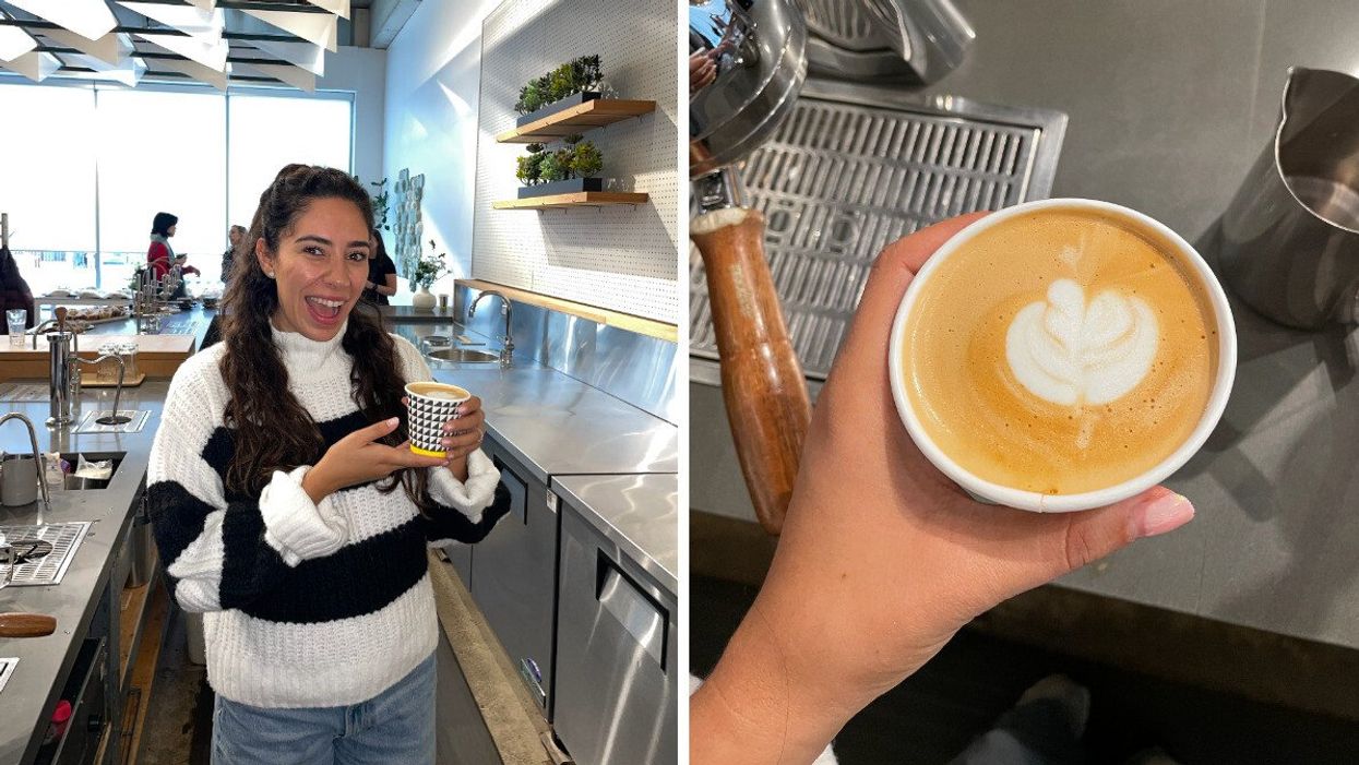 Mira holding her latte at Pilot Coffee Roasters. Right: Her first latte art.
