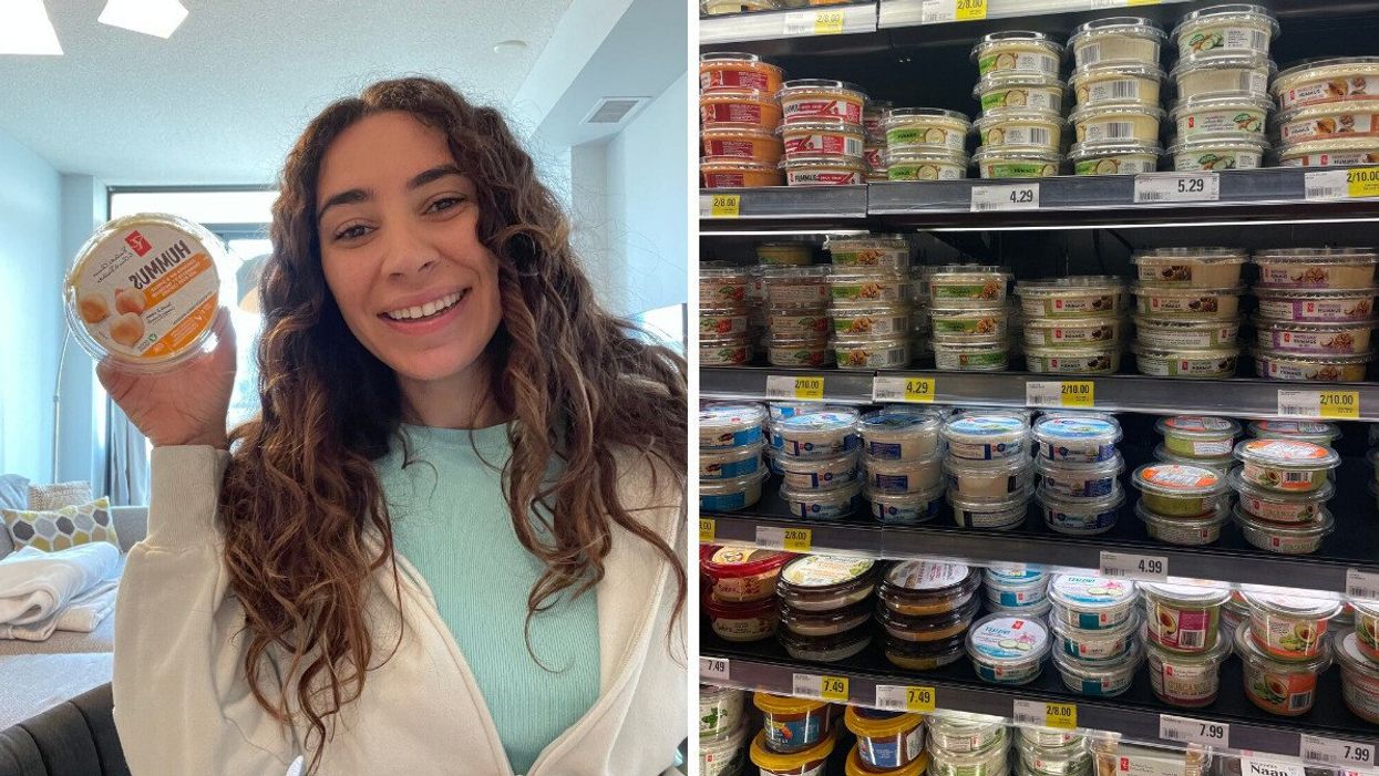 Mira holding hummus. Right: The hummus section at a supermarket.