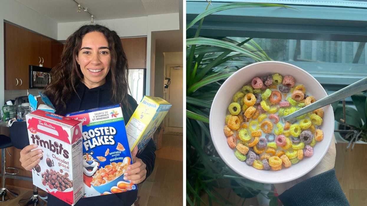 Mira holding Timbits, Frosted Flakes, Nesquik and Oreo O's cereal boxes. Right: Fruit Loops in a bowl with milk.