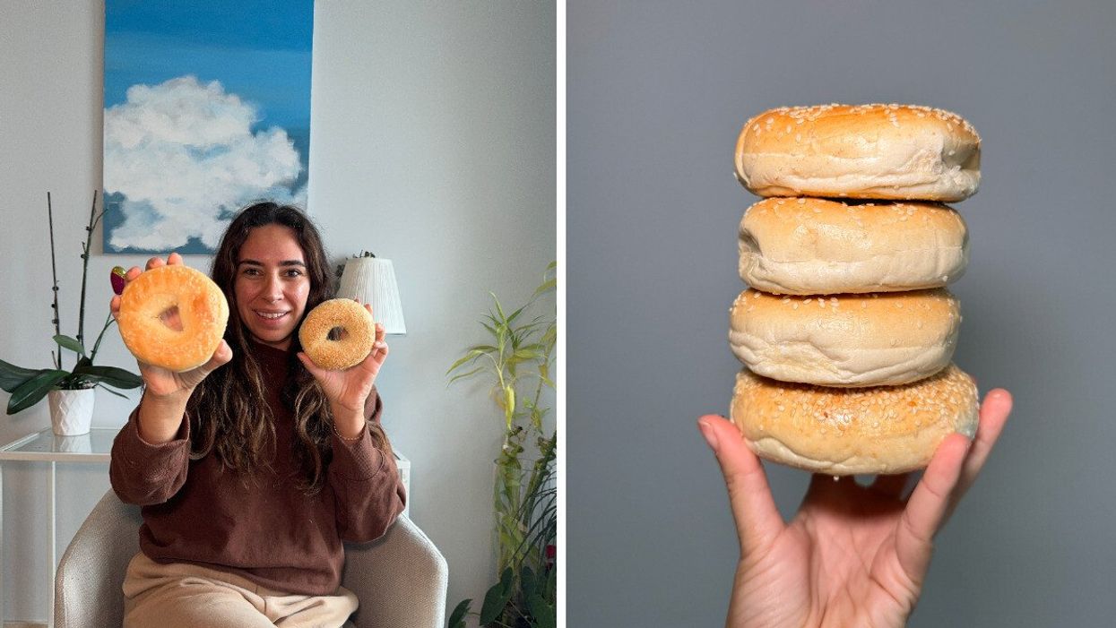 Mira holding two sesame bagels. Right: Four sesame bagels from grocery stores.