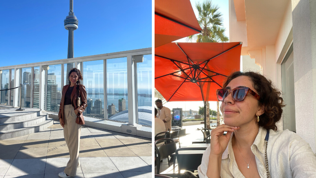 Mira in Toronto by the CN Tower. Right: Mira enjoying a meal on a patio in Dubai in January.