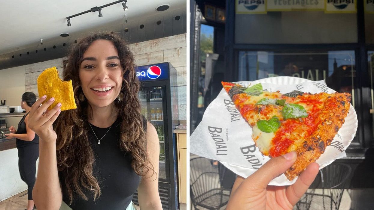 Mira Nabulsi at a Jamaican patty spot. Right: Pizza from Badiali.