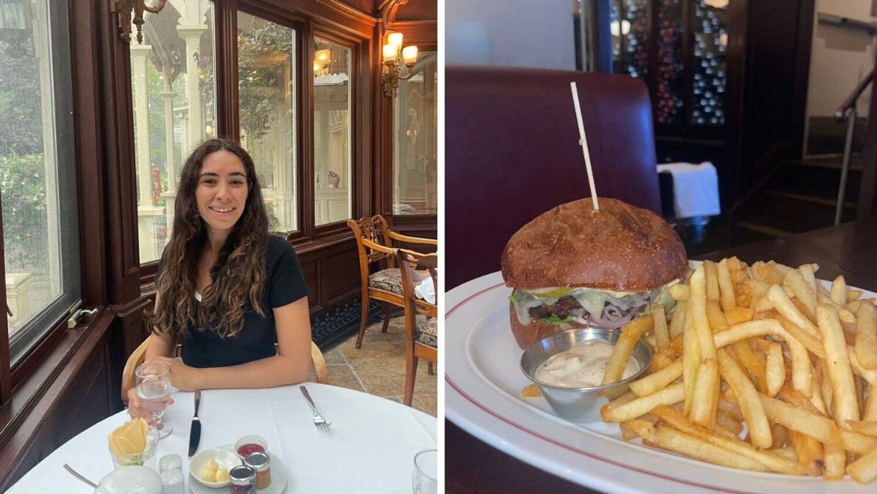 Mira Nabulsi at a restaurant. Right: A burger from a Toronto restaurant.