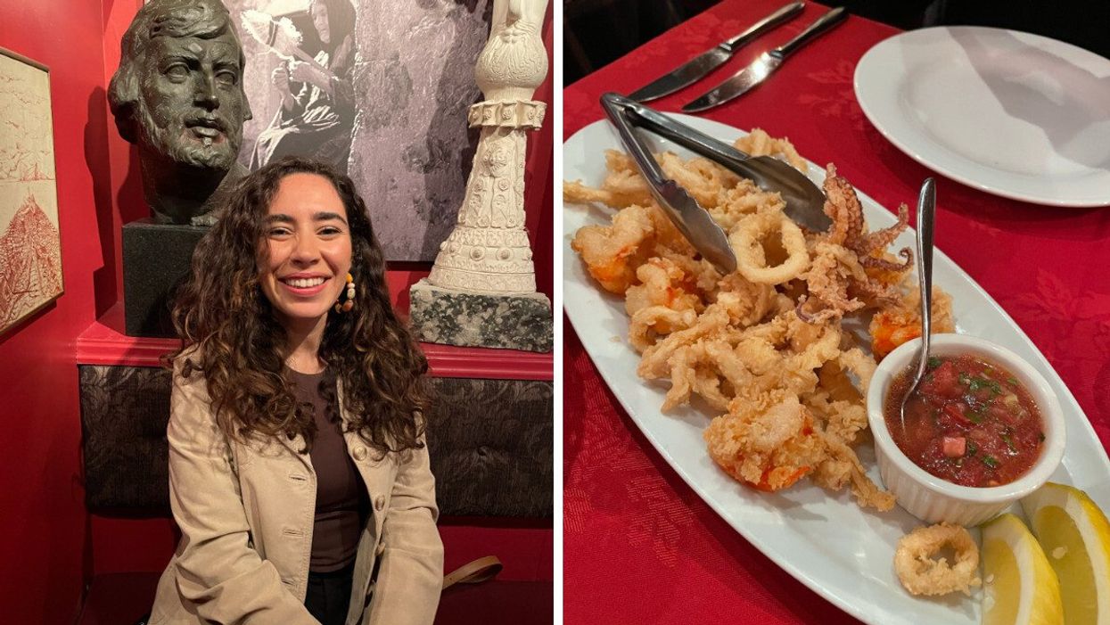 Mira Nabulsi at a Toronto restaurant. Right: Fried calamari and shrimp.