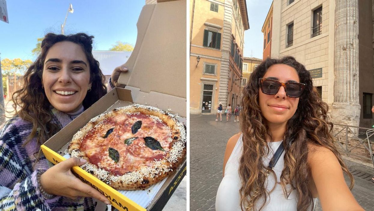 Mira Nabulsi at Maker Pizza in Toronto. Right: Mira Nabulsi in Rome, Italy.