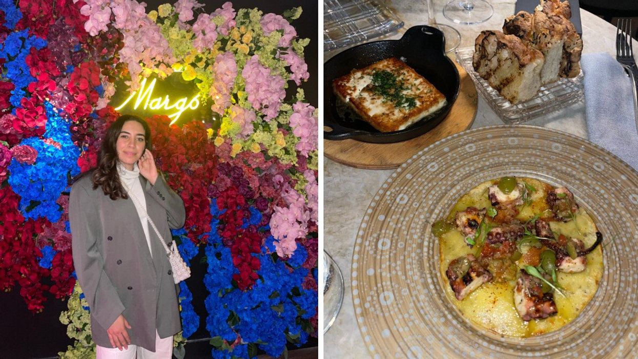 Mira Nabulsi at Margo in Toronto. Right: Octopus and flaming saganaki dish.