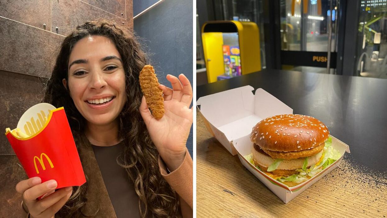 Mira Nabulsi at McDonald's in Dubai. Right: Chicken Mac at McDonald's.