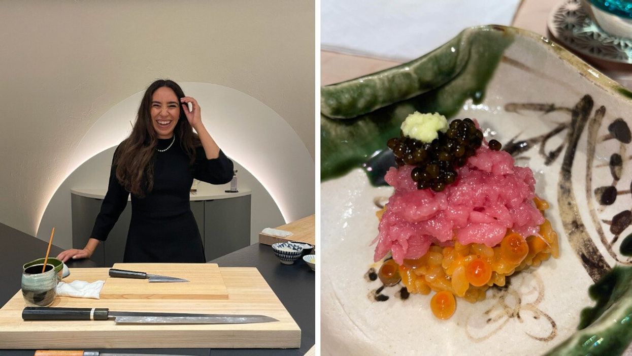 Mira Nabulsi at Sushi Yūgen in Toronto. Right: A dish from her omakase experience in Toronto.