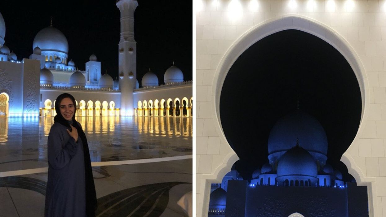 Mira Nabulsi at the Mosque in Abu Dhabi. Right: Sheikh Zayed Grand Mosque in Abu Dhabi.