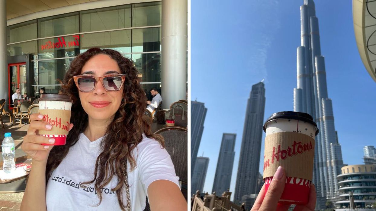 Mira Nabulsi at Tim Hortons in Dubai. Right: Tim Hortons coffee by the Burj Khalifa.