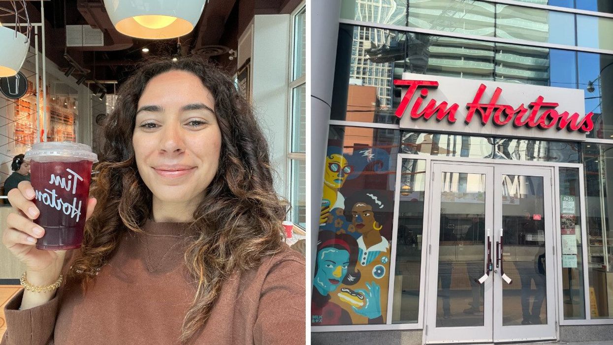 Mira Nabulsi at Tim Hortons with a Blackberry Yuzu Quencher. Right: The outside of a Tim Hortons.