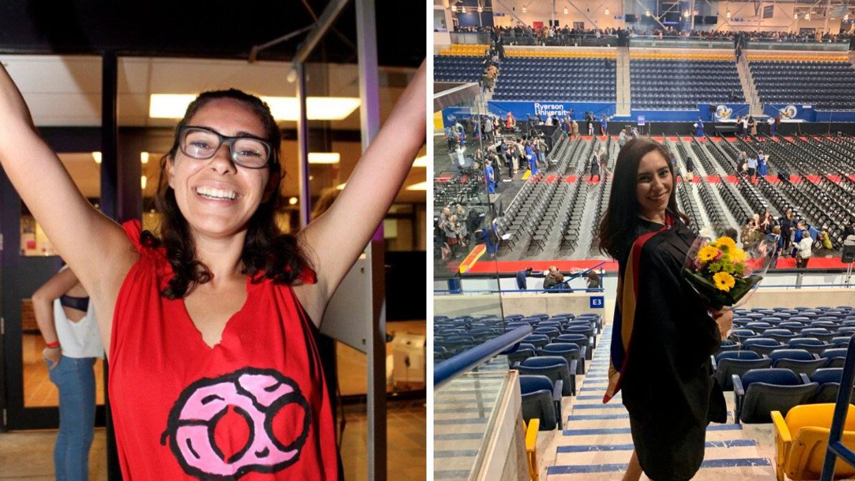 Mira Nabulsi at York University during Frosh Week. Right: Mira graduating from her Master's program at TMU.