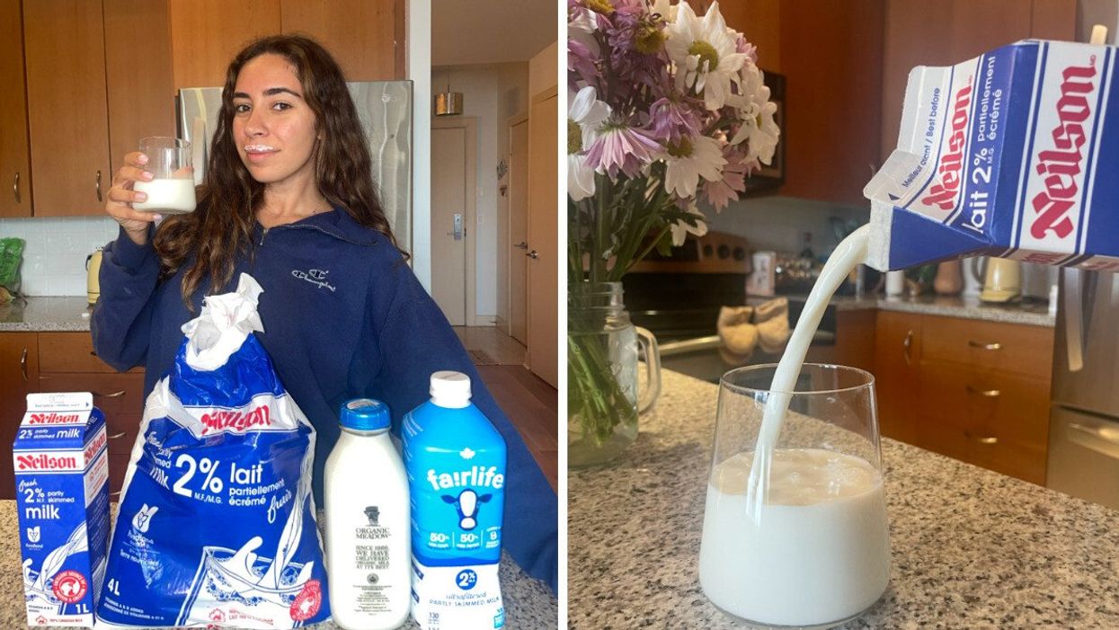 Mira Nabulsi drinking milk. Right: Milk being poured into a glass.