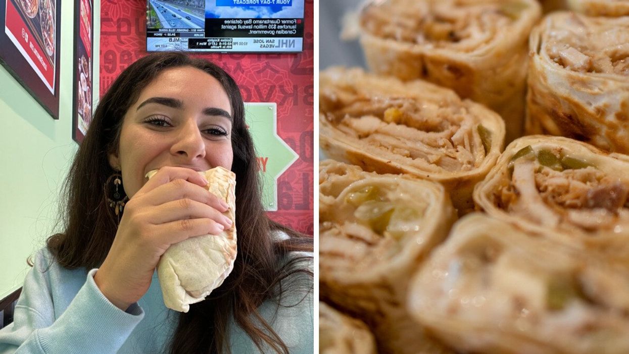 Mira Nabulsi eating a shawarma. Right: A cut up shawarma wrap.