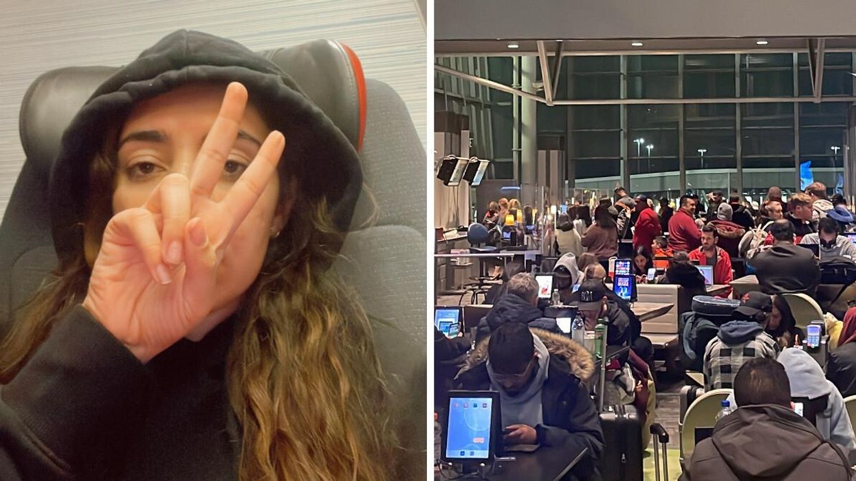 Mira Nabulsi finally on her flight to Dubai. Right: Toronto Pearson Airport on Christmas day.